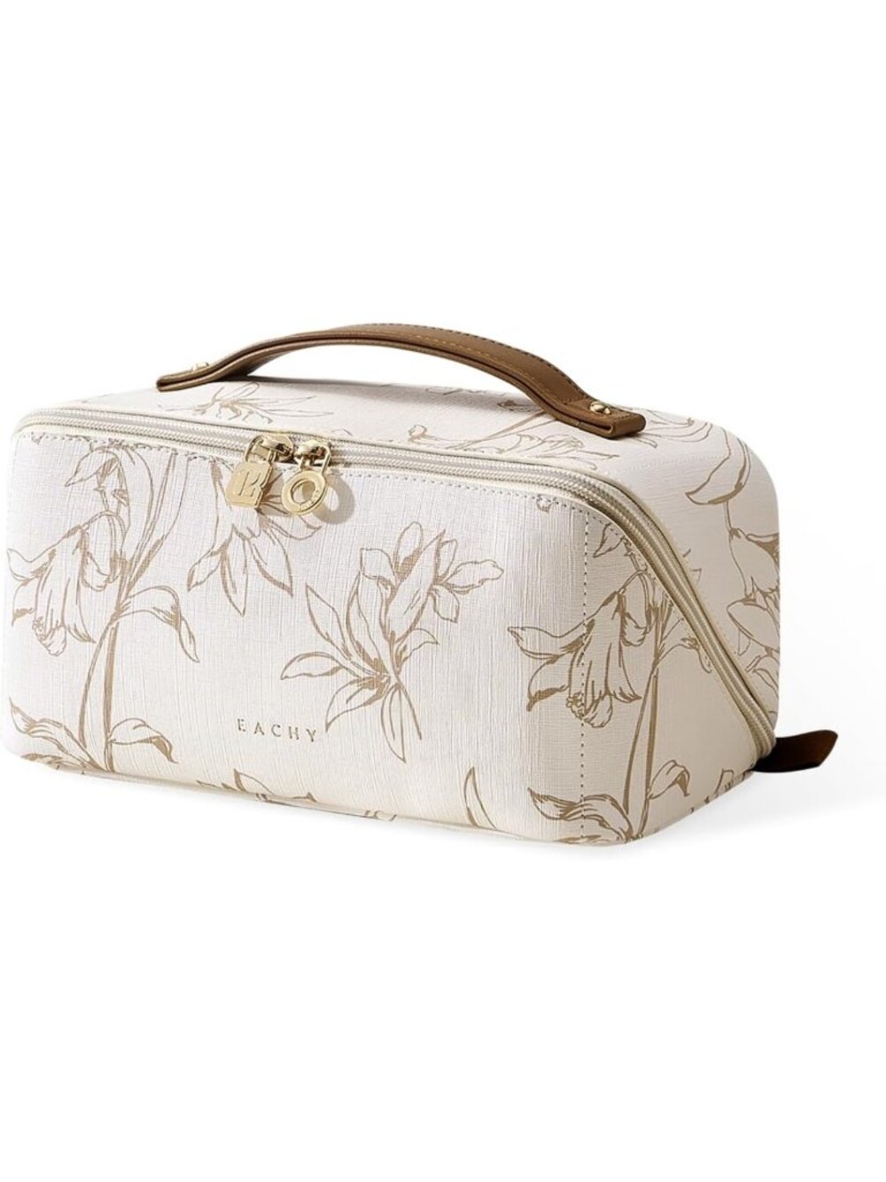 Floral Travel Makeup Bag for Women - Medium Beige Cosmetic Organizer Pouch